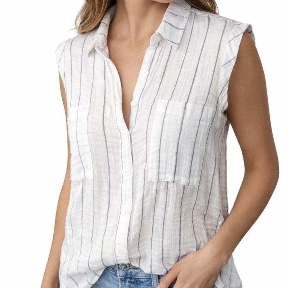 Monrow White Sleeveless Button Up Shirt S Small Cotton Gauze Striped Luxe Summer